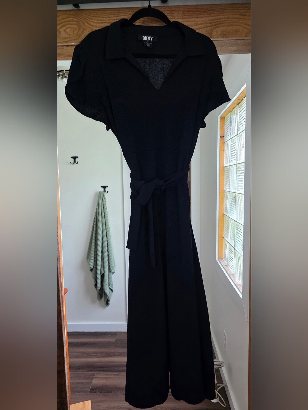 DKNY Navy Blue Collared Flutter-Sleeve Tie-Waist Maxi Dress